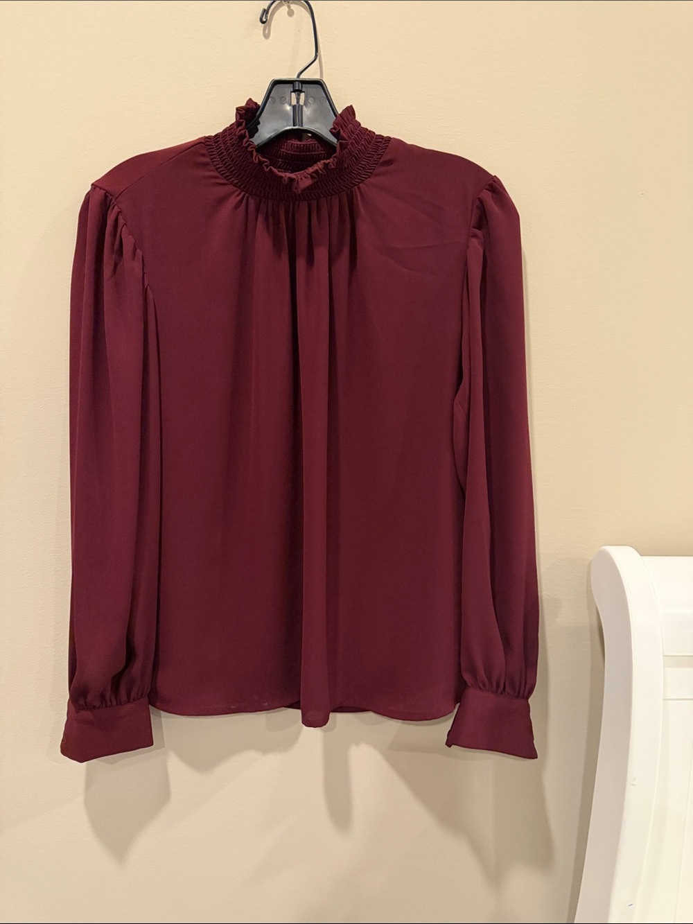 Ann Taylor Burgundy Smocked-Ruffle Long Sleeve Blouse